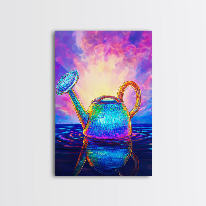 Radiant Watering Can At Sunrise Wall Art, Colorful Garden Decor, Whimsical Botanical Art Print, Vibrant Canvas Print Gift