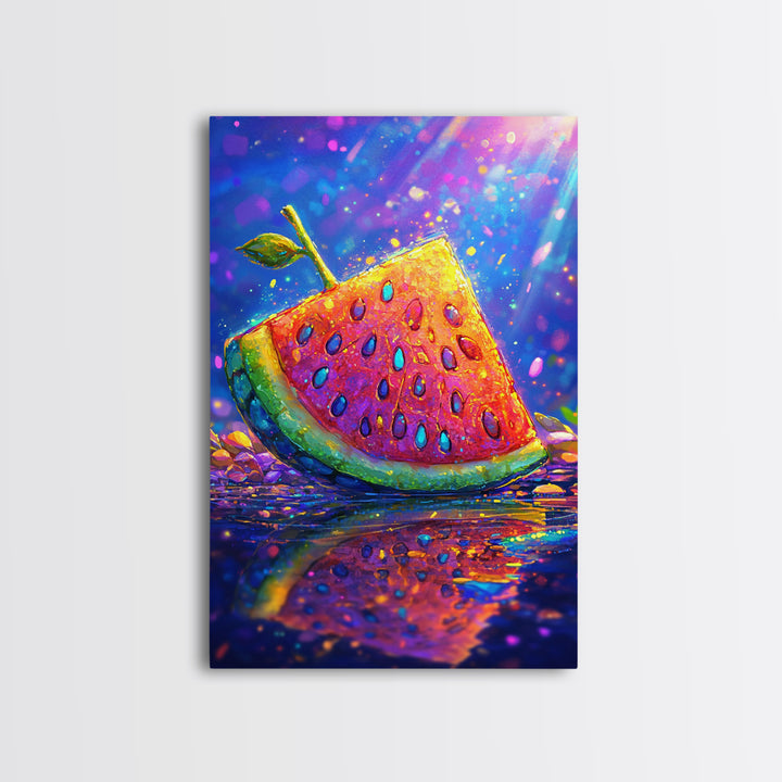 Juicy Watermelon Slice With Sprout Wall Art, Colorful Fruit Art Print, Summer Kitchen Decor, Whimsical Canvas Print Gift