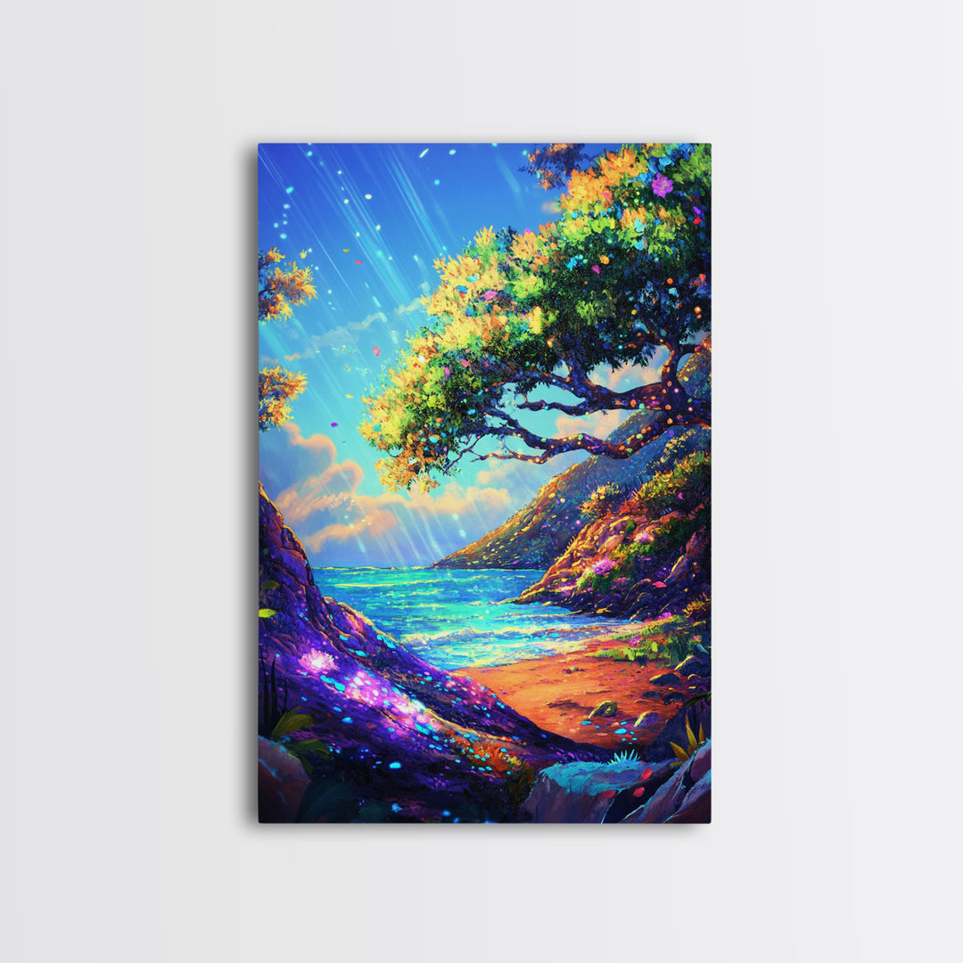 Sunlit Coastal Cove And Tree Wall Art, Vibrant Ocean Landscape Art Print, Tropical Beach House Decor, Large Canvas Print