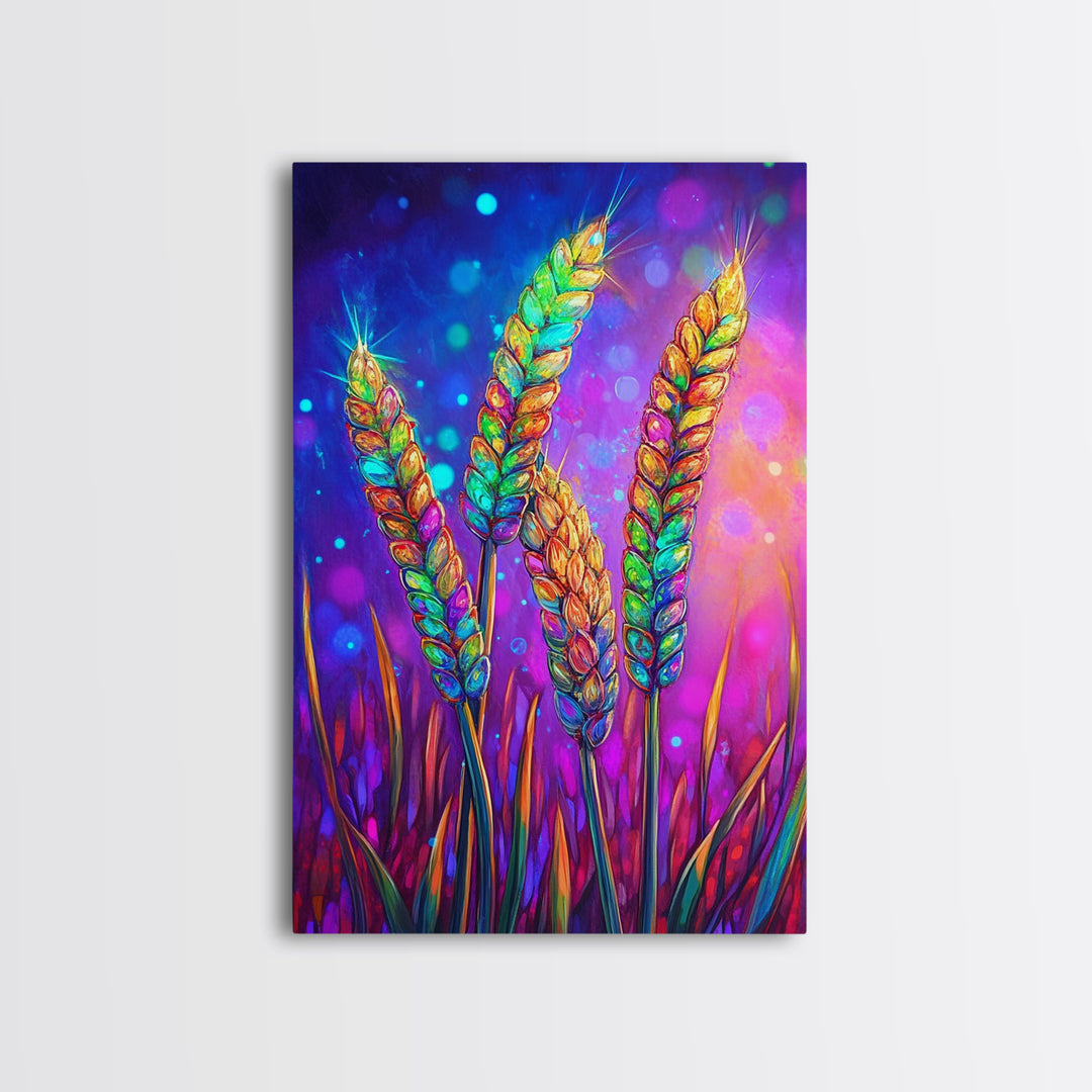 Colorful Wheat Stalks In Light Wall Art, Rustic Farmhouse Decor, Botanical Nature Art Print, Vibrant Kitchen Canvas Print