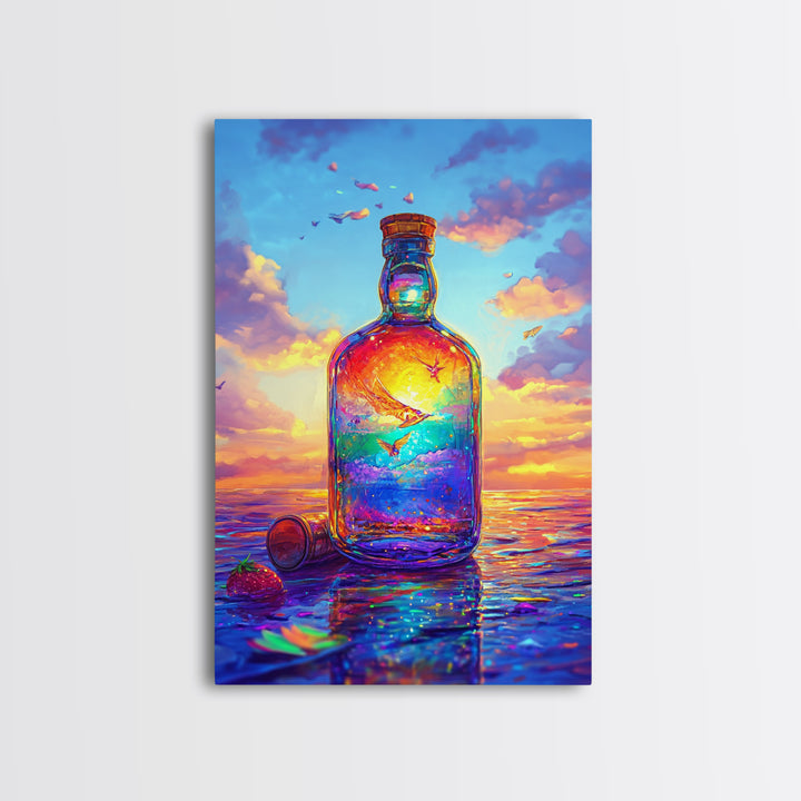 Sunset Ocean In Glass Bottle Wall Art, Surreal Seascape Art Print, Coastal Beach House Decor, Whimsical Canvas Print Gift