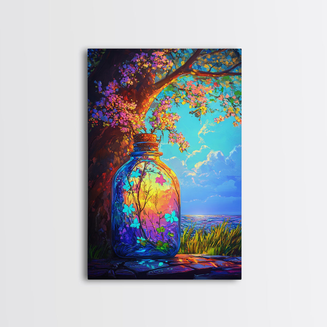 Glowing Jar Under Flowering Tree Wall Art, Whimsical Botanical Landscape, Coastal Nature Decor, Vibrant Canvas Print Gift