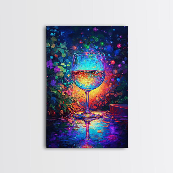 Glowing Wine Glass On Dark Table Canvas Print, Colorful Bar Wall Art, Kitchen Decor, Wine Lover Gift, Dining Room Art Print