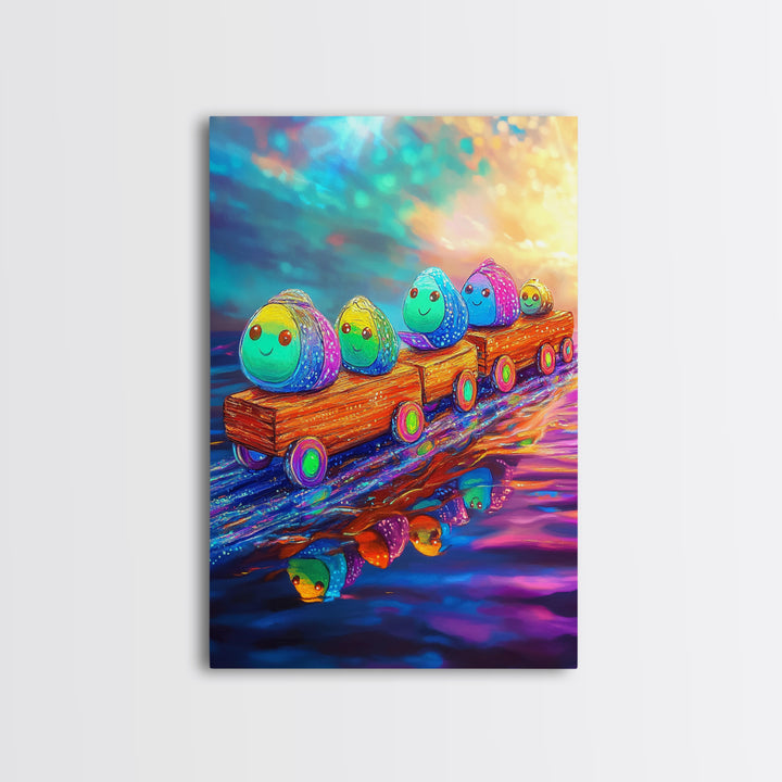 Smiling Rainbow Egg Train Canvas Print, Whimsical Kids Room Wall Art, Colorful Nursery Decor, Cute Playroom Art, Baby Shower Gift