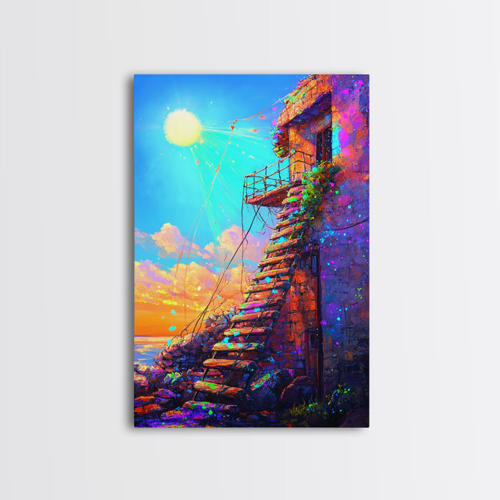 Sunlit Stone Stairway By The Sea Canvas Print, Coastal Wall Art, Mediterranean Landscape, Sunset Travel Home Decor Gift For Her