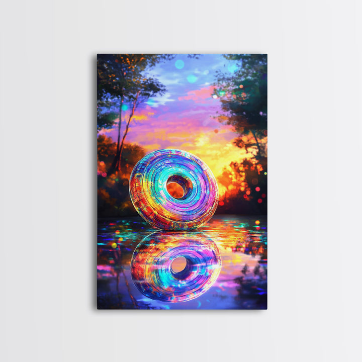 Iridescent Rainbow Ring At Sunset Framed Canvas Print, Colorful Wall Art, Abstract Landscape, Living Room Modern Home Decor Gift