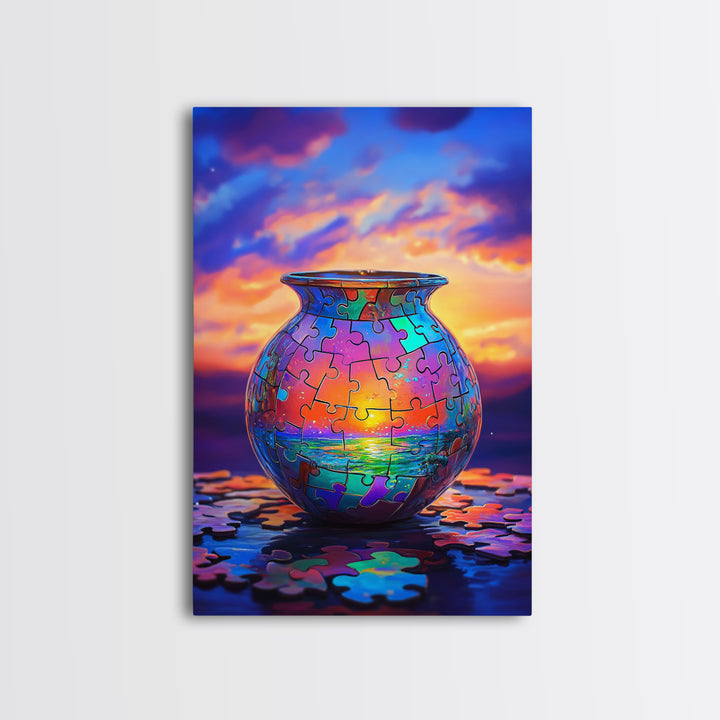 Puzzle Piece Vase With Ocean Sunset Canvas Print, Colorful Wall Art, Whimsical Seascape, Living Room Coastal Home Decor Gift