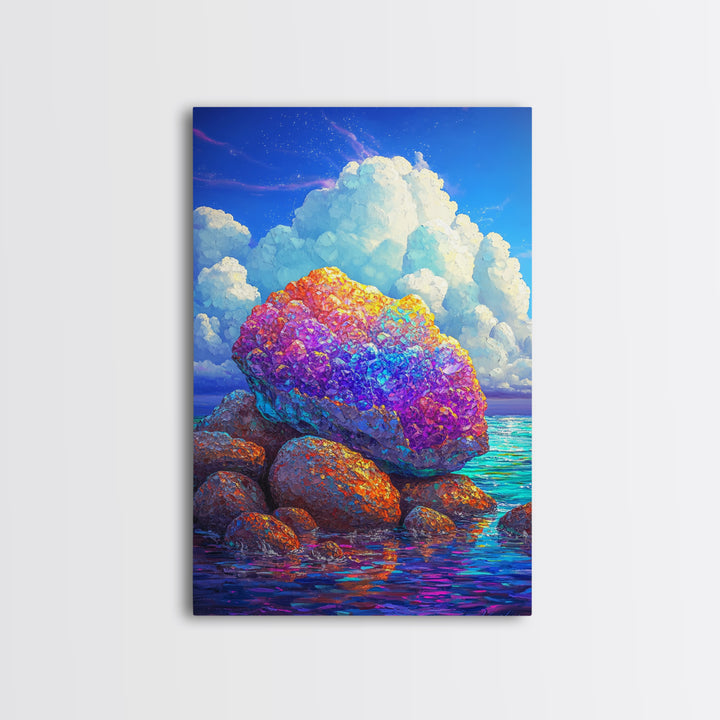 Rainbow Crystal Rocks Beside Blue Sea Canvas Print, Coastal Wall Art, Colorful Nature Art, Ocean Landscape Home Decor Gift