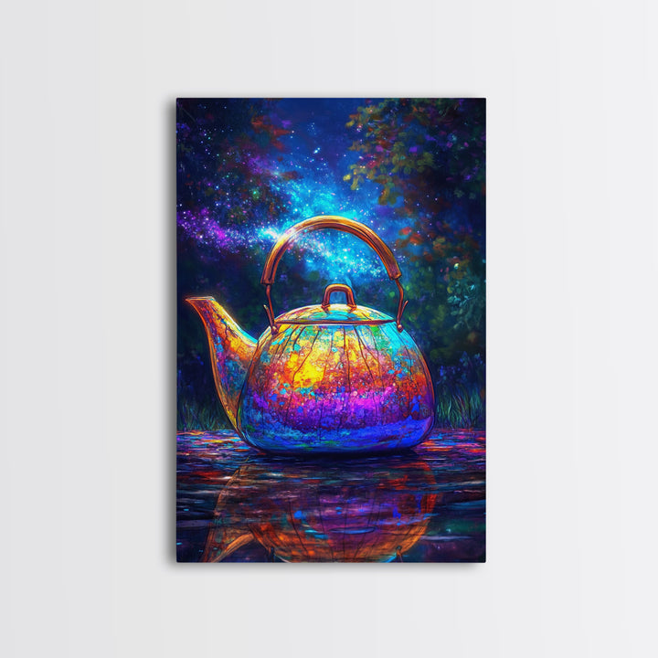 Cosmic Rainbow Teapot Under Stars Canvas Print, Whimsical Kitchen Wall Art, Unique Tea Lover Gift, Colorful Home Decor Print