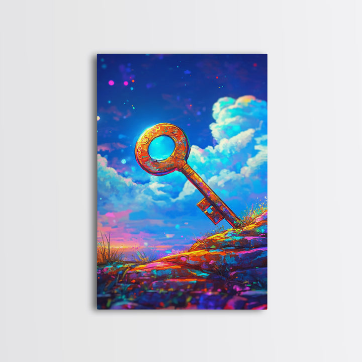 Golden Key On Dreamy Hilltop Canvas Print, Whimsical Wall Art, Fantasy Decor, Celestial Art, Unique Gift, Kids Room Decor