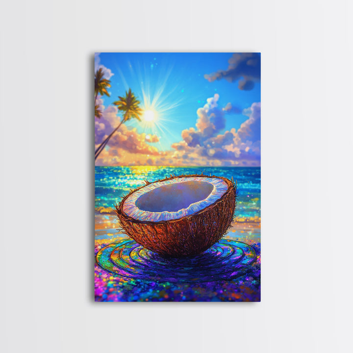 Sunlit Coconut On Tropical Beach Canvas Print, Coastal Wall Art, Beach House Decor, Summer Kitchen Art, Ocean Lover Gift