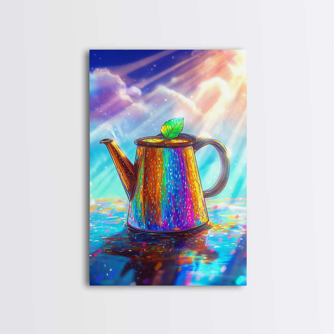 Radiant Rainbow Teapot With Leaf Canvas Print, Colorful Kitchen Wall Art, Tea Lover Gift, Whimsical Home Decor Poster Print