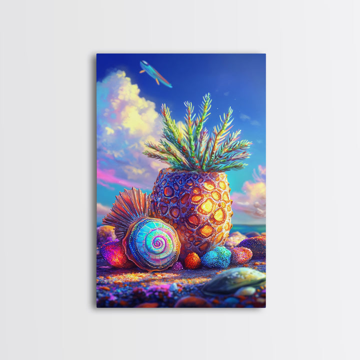 Surreal Pineapple And Seashell Canvas Print, Tropical Beach Wall Art, Colorful Coastal Decor, Whimsical Kitchen Art Print