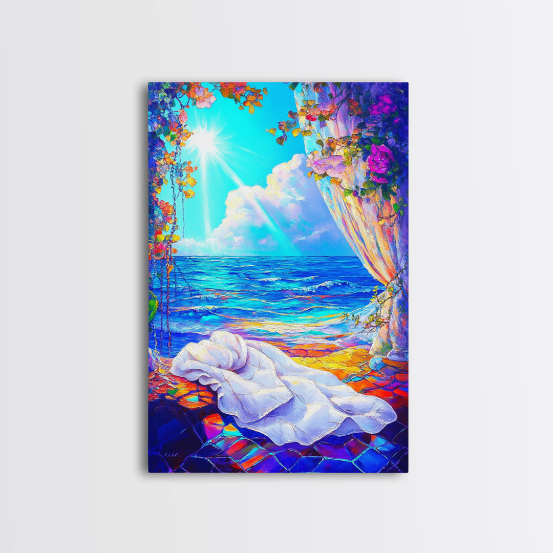 Sunlit Ocean Window And Draped Bed Framed Canvas Print, Coastal Wall Art, Beach House Decor, Romantic Seascape Bedroom Decor