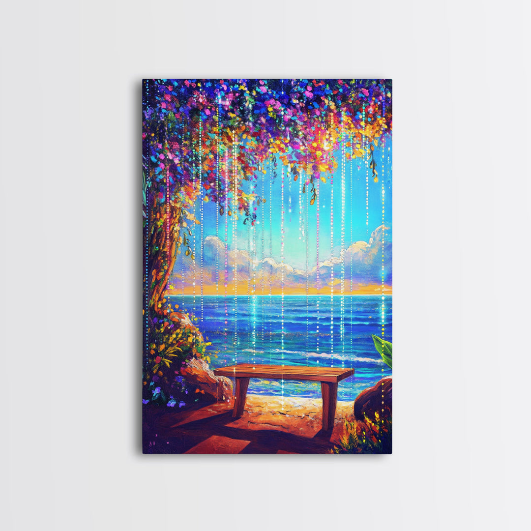 Flower Canopy Ocean Bench Framed Canvas Print, Coastal Wall Art, Tropical Beach House Decor, Romantic Seaside Artwork For Living Room