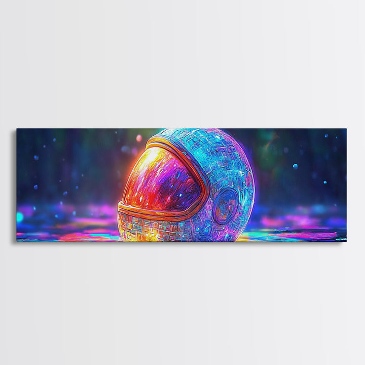 Neon Astronaut Helmet On Cosmic Rain Canvas Print, Futuristic Space Wall Art, Sci Fi Decor, Gamer Room Decor, Gift For Him