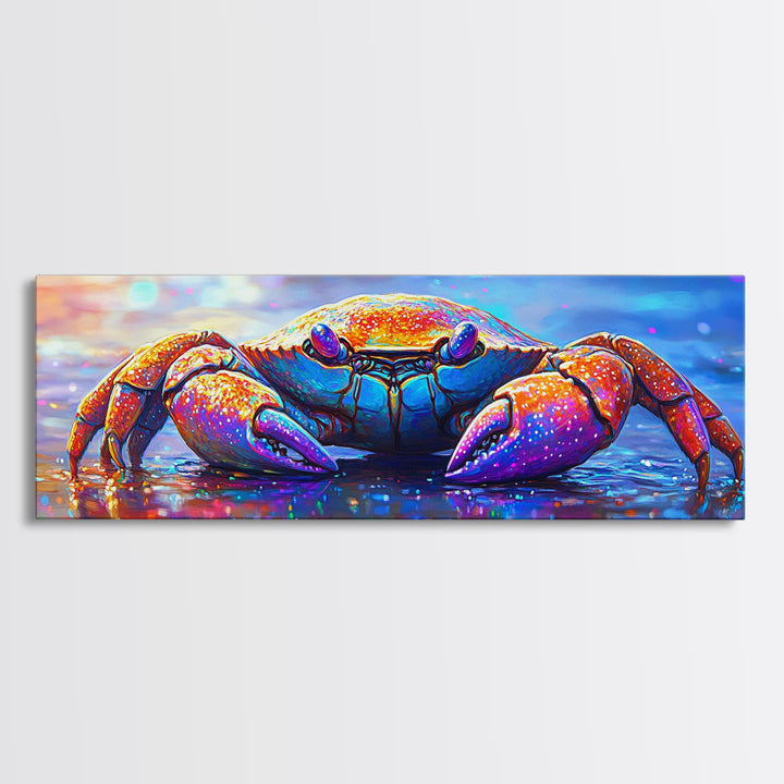 Vibrant Rainbow Crab On Wet Beach Wall Art, Coastal Ocean Animal Art, Colorful Beach House Decor, Nautical Canvas Print Art