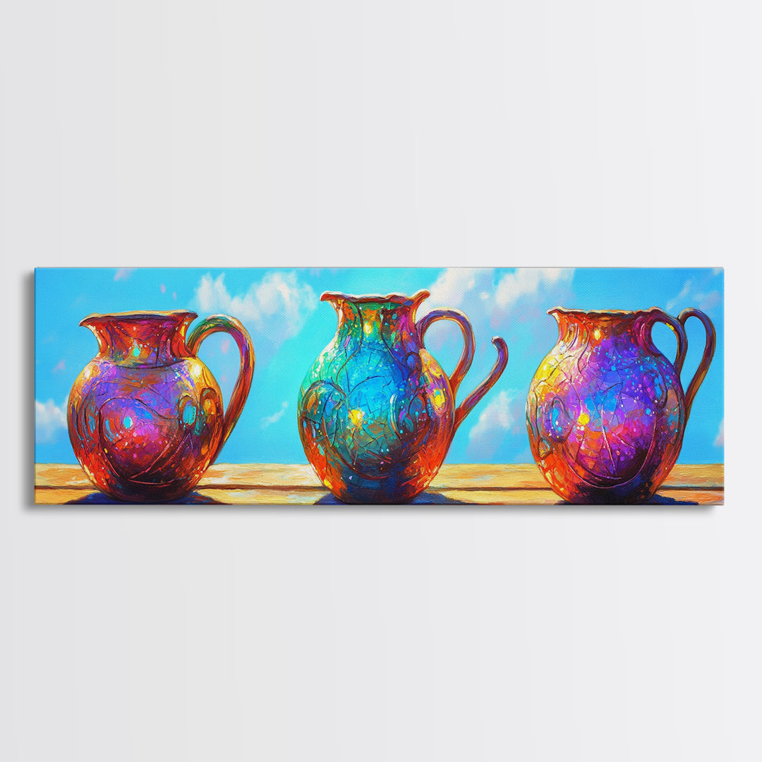 Three Colorful Ceramic Pitchers In Sunlit Courtyard Wall Art, Rustic Kitchen Decor, Mediterranean Canvas Print, Dining Room Art