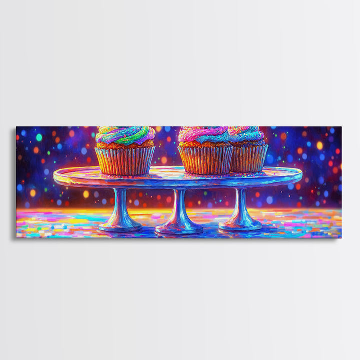 Rainbow Frosted Cupcakes On Glass Cake Stands Wall Art, Bakery Kitchen Decor, Dessert Art Print, Colorful Canvas Print Gift