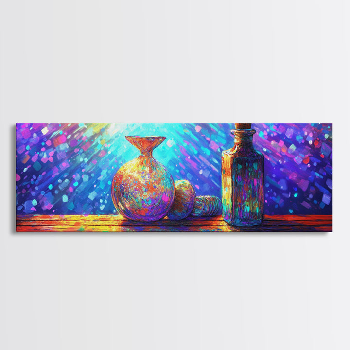 Radiant Glass Vase And Bottle Still Life Wall Art, Colorful Kitchen Decor, Modern Eclectic Art, Framed Canvas Print Gift