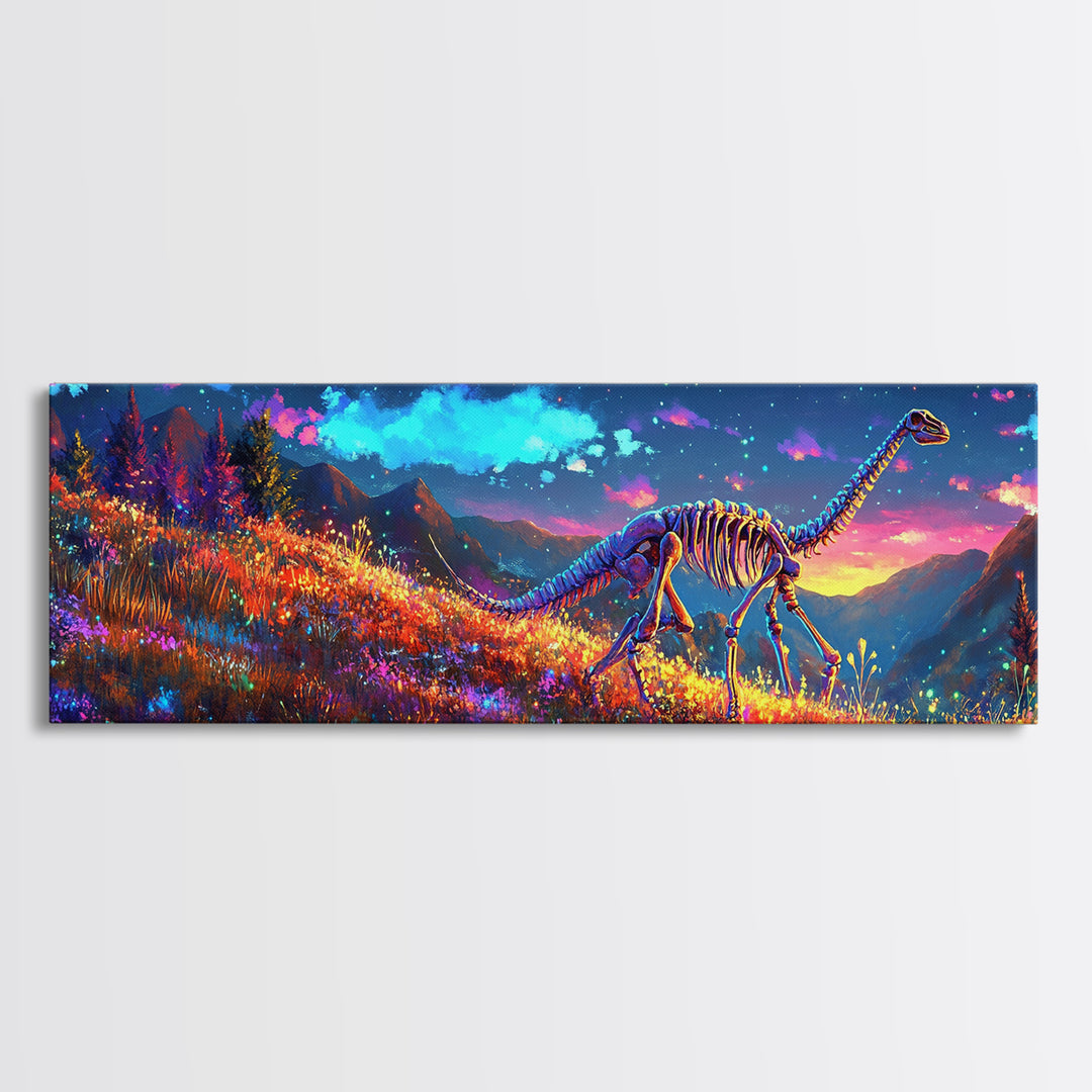 Glowing Dinosaur Skeleton In Mountain Meadow Canvas Print, Fantasy Wall Art, Landscape Art, Colorful Wall Decor, Kids Room Art