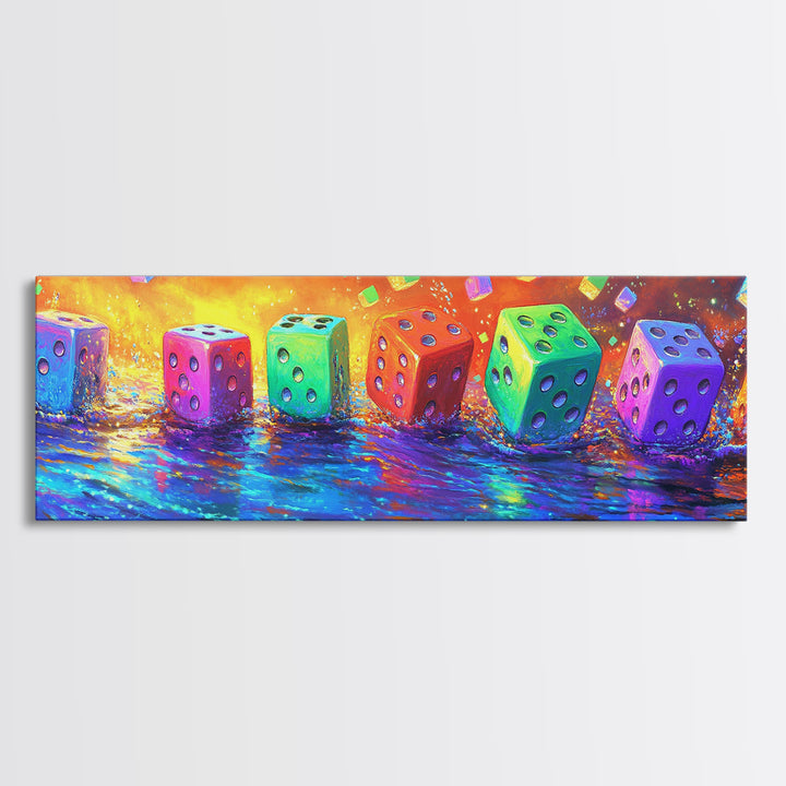 Row Of Rainbow Dice On Reflective Table Canvas Print, Game Room Wall Art, Colorful Wall Decor, Gamer Gift, Modern Wall Art