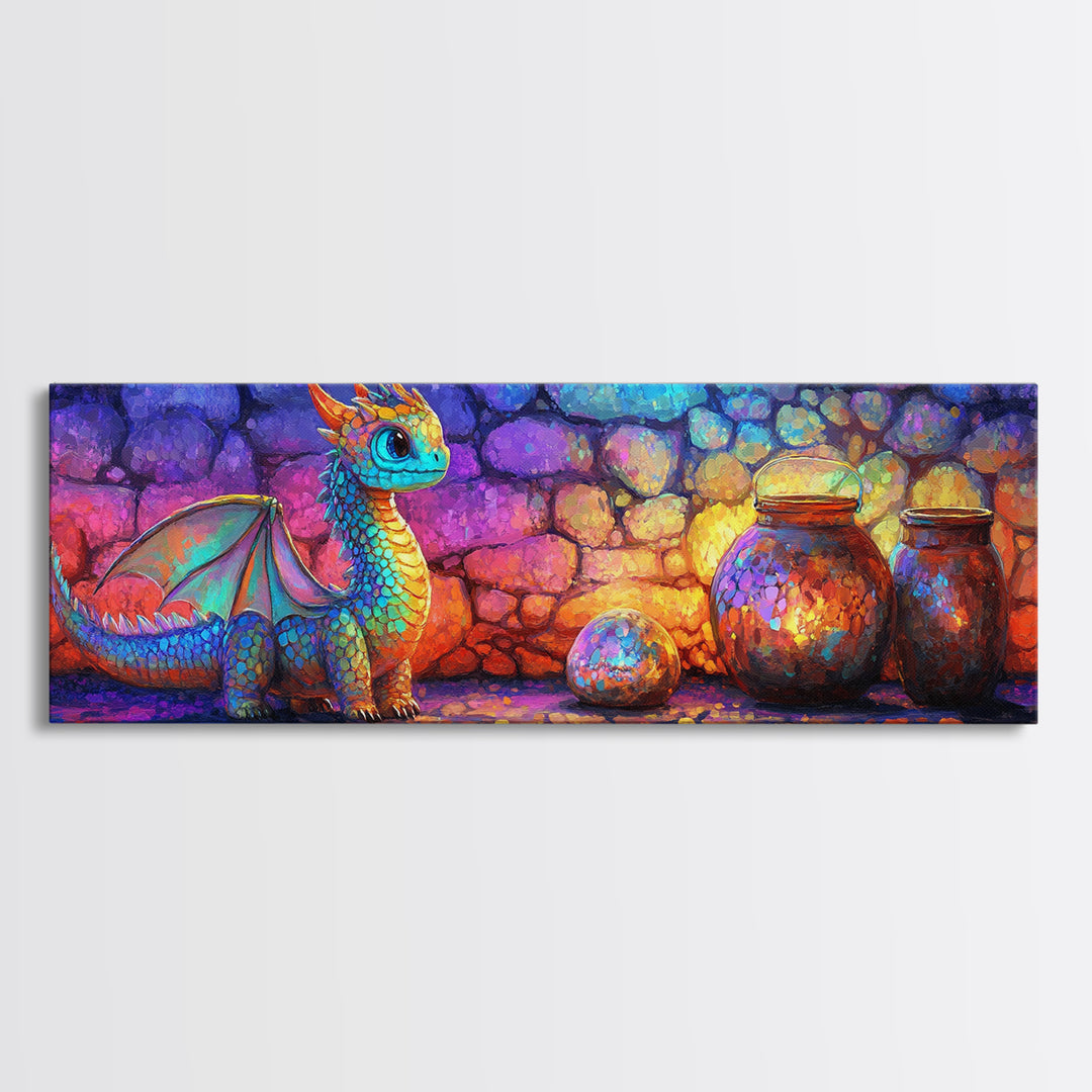 Cute Rainbow Dragon With Magic Jars Canvas Print, Fantasy Wall Art, Whimsical Decor, Kids Room Art, Nursery Wall Decor, Gift For Kids