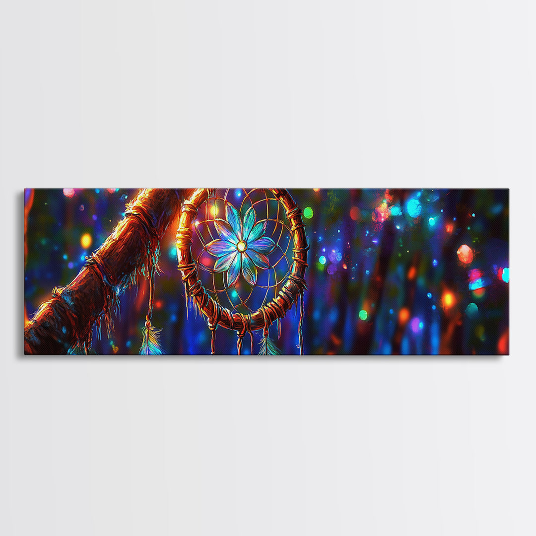 Glowing Dreamcatcher In Enchanted Forest Framed Canvas Print, Boho Wall Art, Spiritual Decor, Mystical Wall Decor Gift For Her