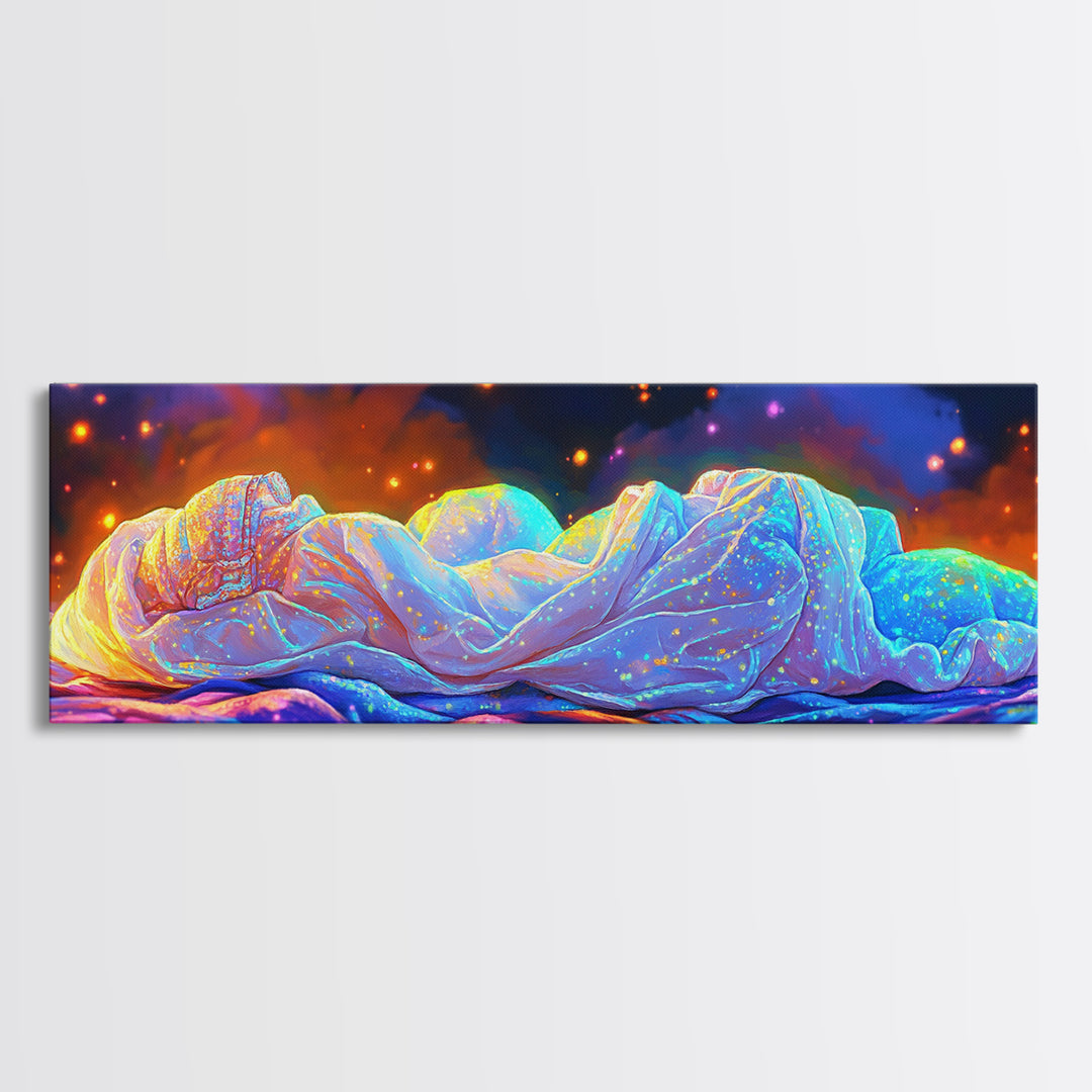 Glowing Sleeping Figure Under Starry Blanket Canvas Print, Sweet Dreams Wall Art, Cozy Bedroom Decor, Ethereal Dreamy Wall Decor