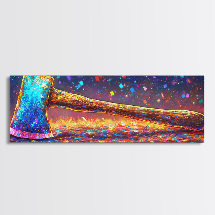 Vibrant Rainbow Axe On Glittering Ground Canvas Print, Rustic Wall Art, Garage Decor, Man Cave Decor, Unique Gift For Him