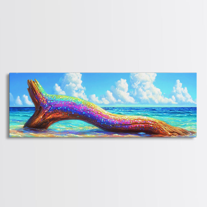 Rainbow Driftwood On Turquoise Beach Canvas Print, Coastal Wall Art, Beach House Decor, Ocean Wall Decor, Tropical Home Decor