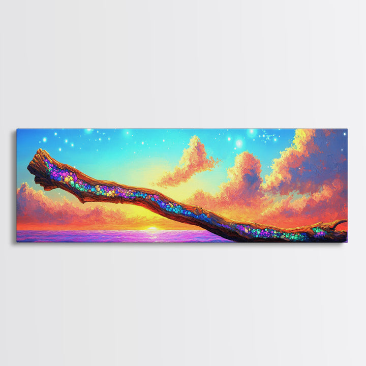 Glittering Branch Over Sunset Ocean Framed Canvas Print, Coastal Wall Art, Seascape Art, Beach House Decor, Summer Vibes