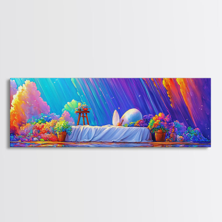Surreal White Bed With Moonlit Egg Framed Canvas Print, Whimsical Wall Art, Maximalist Decor, Romantic Dreamy Bedroom Wall Decor