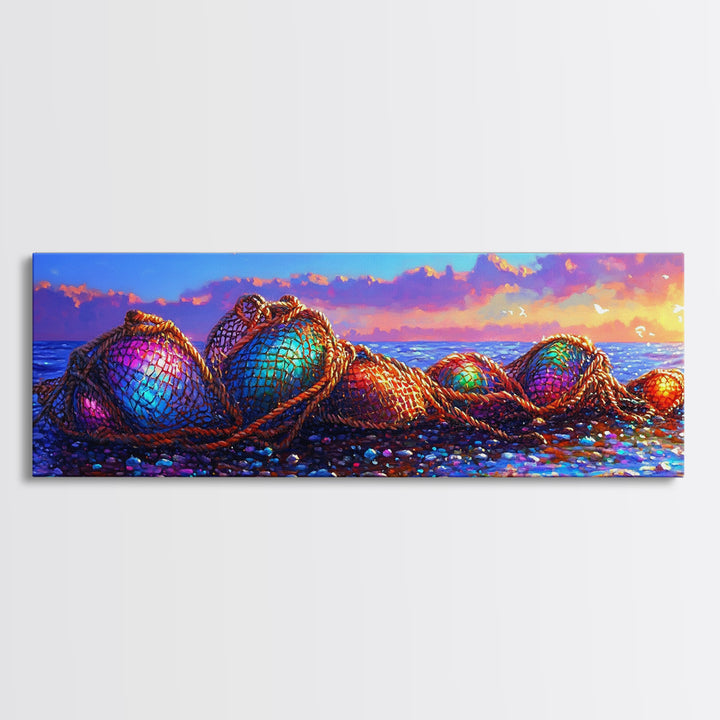 Rainbow Fishing Nets On Pebble Shore Framed Canvas Print, Coastal Wall Art, Beach House Decor, Nautical Living Room Decor