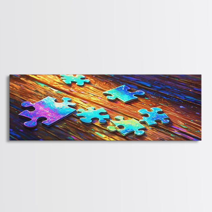 Rainbow Puzzle Pieces On Wood Table Canvas Print, Game Room Wall Art, Colorful Abstract Art, Playroom Decor, Unique Gift