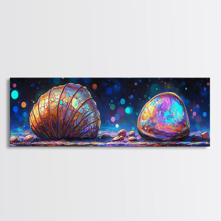 Glowing Seashell And Polished Stone Framed Canvas Print, Coastal Wall Art, Ocean Decor, Beach House Decor, Nautical Gift