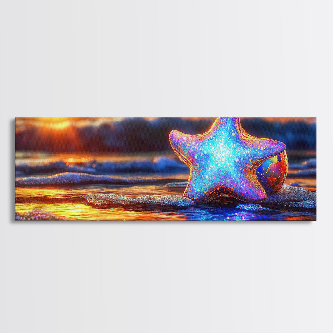 Glowing Starfish On Sunset Beach Wall Art, Coastal Canvas Print, Ocean Wall Decor, Beach House Gift, Colorful Seascape Art