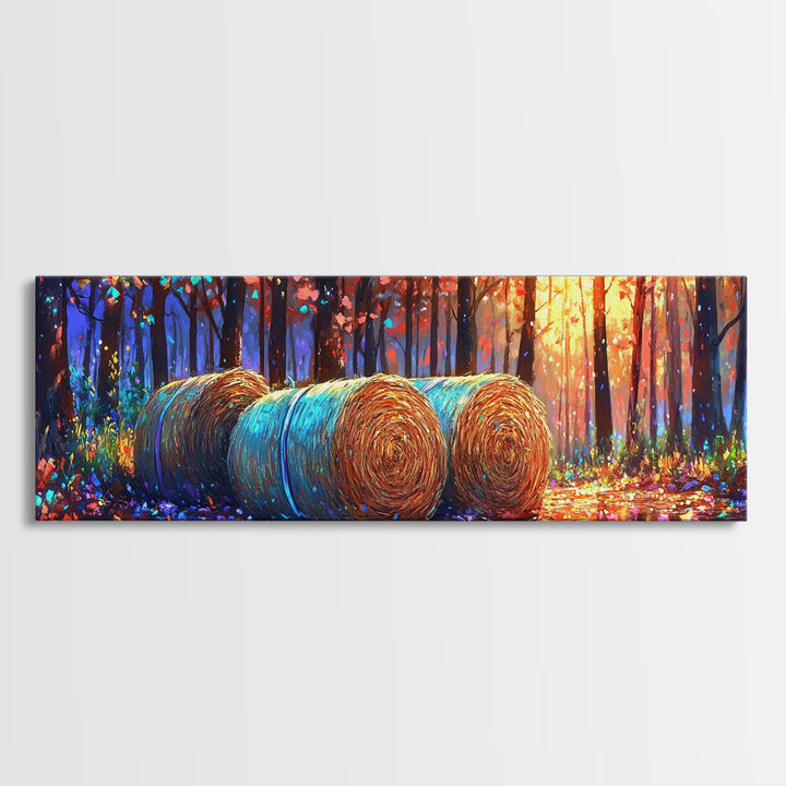 Golden Hay Bales In Autumn Forest Wall Art, Rustic Farmhouse Decor, Landscape Art Print, Country Home Decor, Cabin Wall Art
