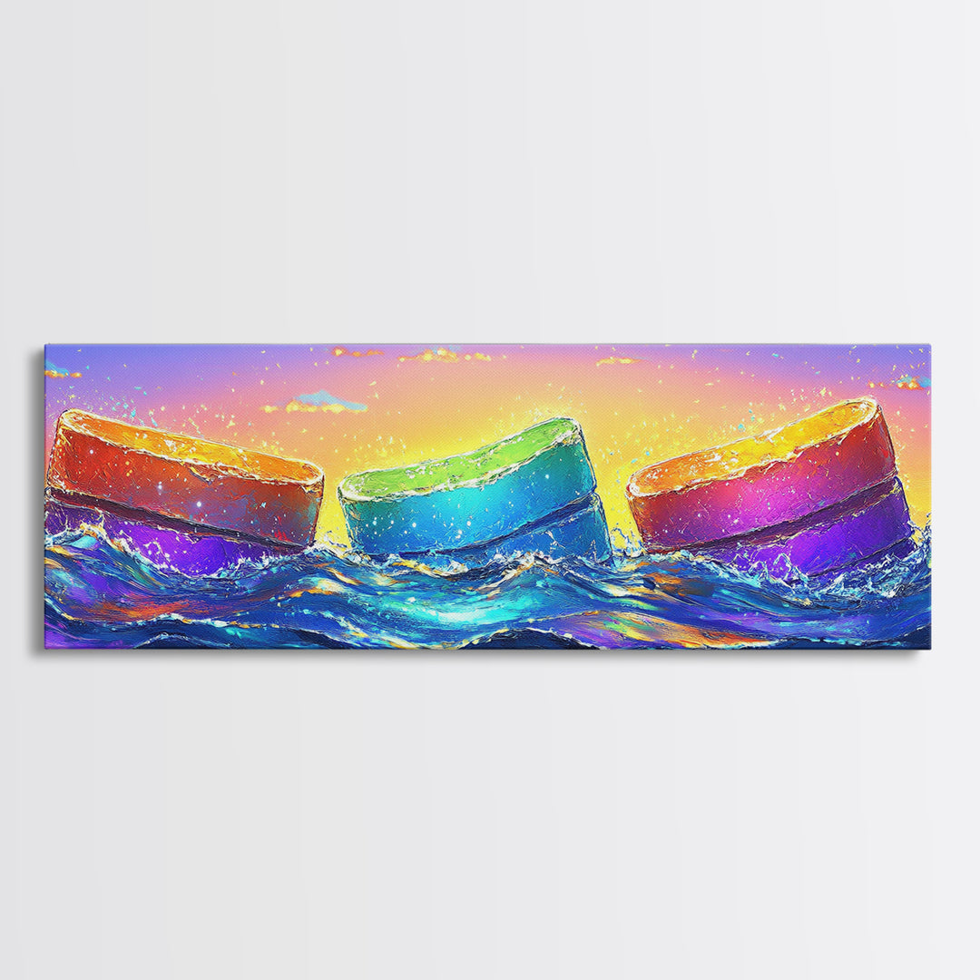 Rainbow Buoys In Ocean Waves Canvas Print, Coastal Wall Art, Colorful Beach House Decor, Modern Summer Living Room Wall Art
