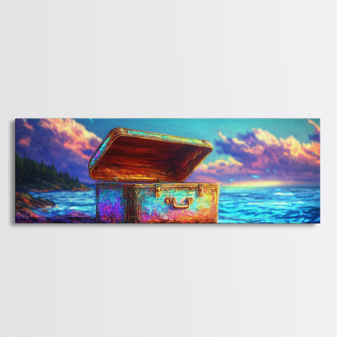 Open Treasure Chest On Neon Beach Canvas Print, Coastal Wall Art, Fantasy Ocean Decor, Beach House Decor, Housewarming Gift