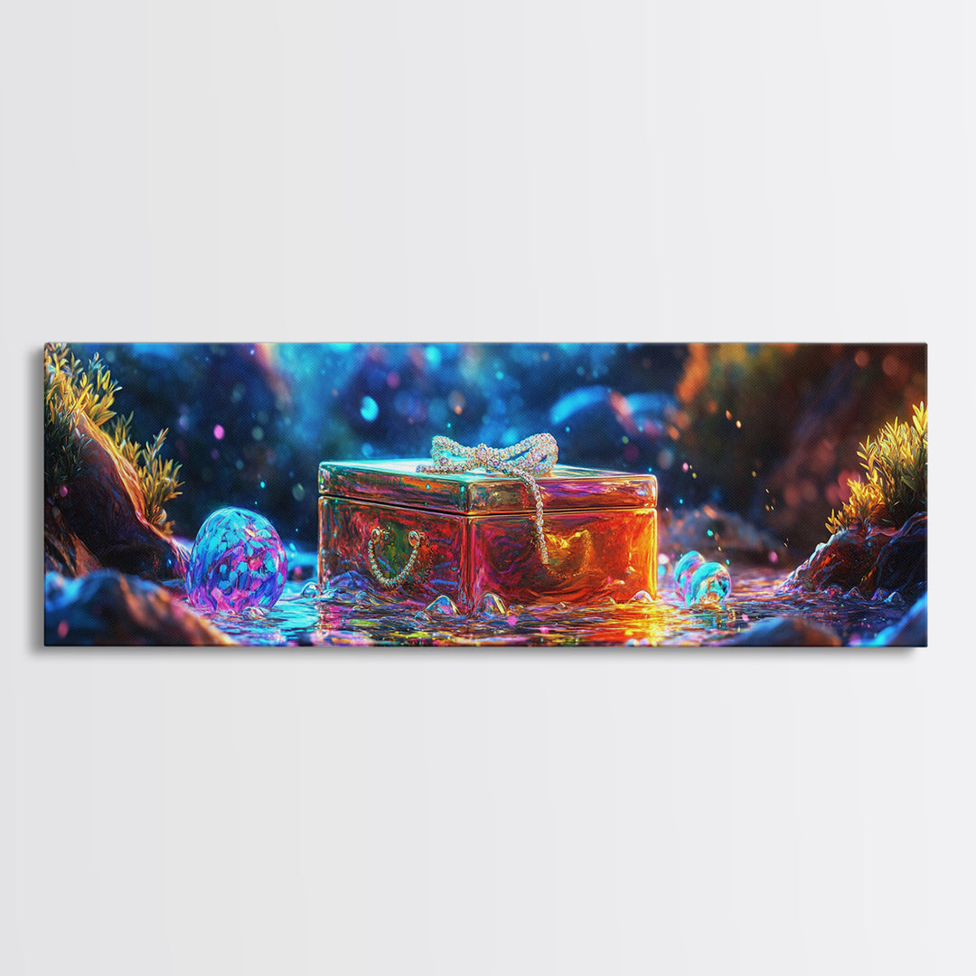 Glass Treasure Box In Magical Stream Framed Canvas Print, Fantasy Wall Art, Nature Inspired Art, Whimsical Home Decor, Gift