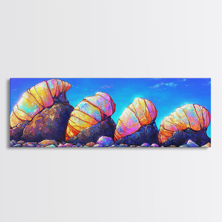 Iridescent Hermit Crabs On Pebble Shore Canvas Print, Coastal Wall Art, Beach House Decor, Ocean Art, Nautical Decor, Gift