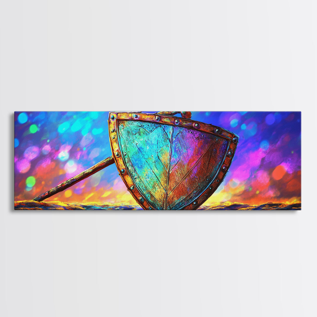 Iridescent Viking Shield And Spear Canvas Print, Fantasy Wall Art, Norse Decor, Medieval Warrior Gift For Him, Game Room Decor