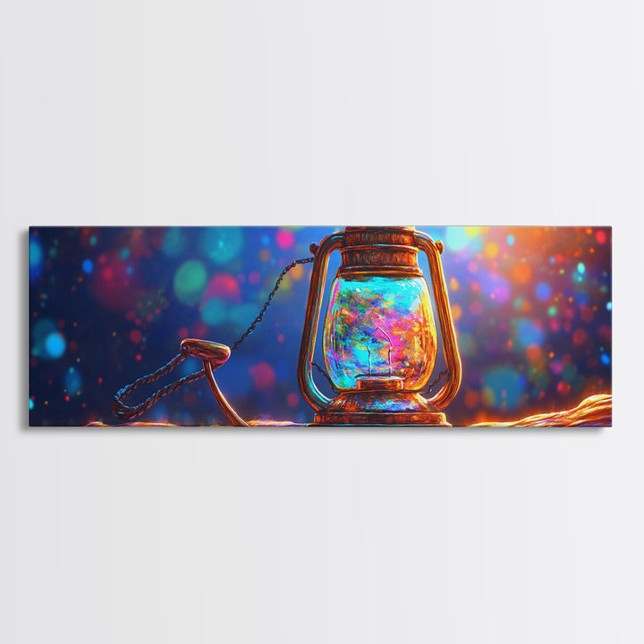 Glowing Jar Lantern With Rope Framed Canvas Print, Colorful Rustic Wall Art, Coastal Cabin Decor, Unique Housewarming Gift