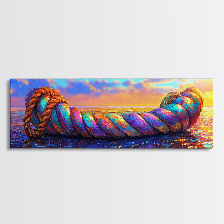 Rainbow Nautical Rope At Sunset Wall Art, Coastal Beach House Decor, Ocean Canvas Print, Tropical Seascape Art Gift For Her