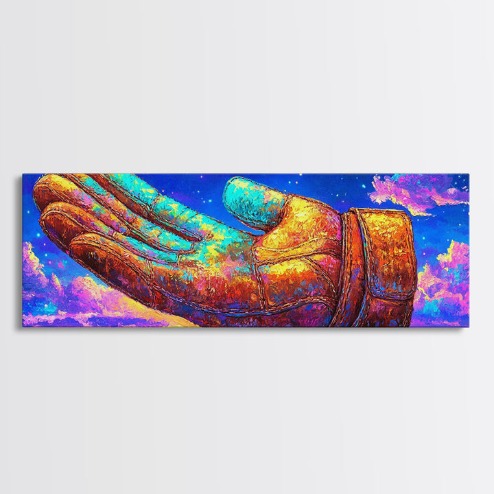 Surreal Leather Glove Floating In Starry Sky Canvas Print, Whimsical Fantasy Wall Art, Colorful Dream Decor, Unique Gift