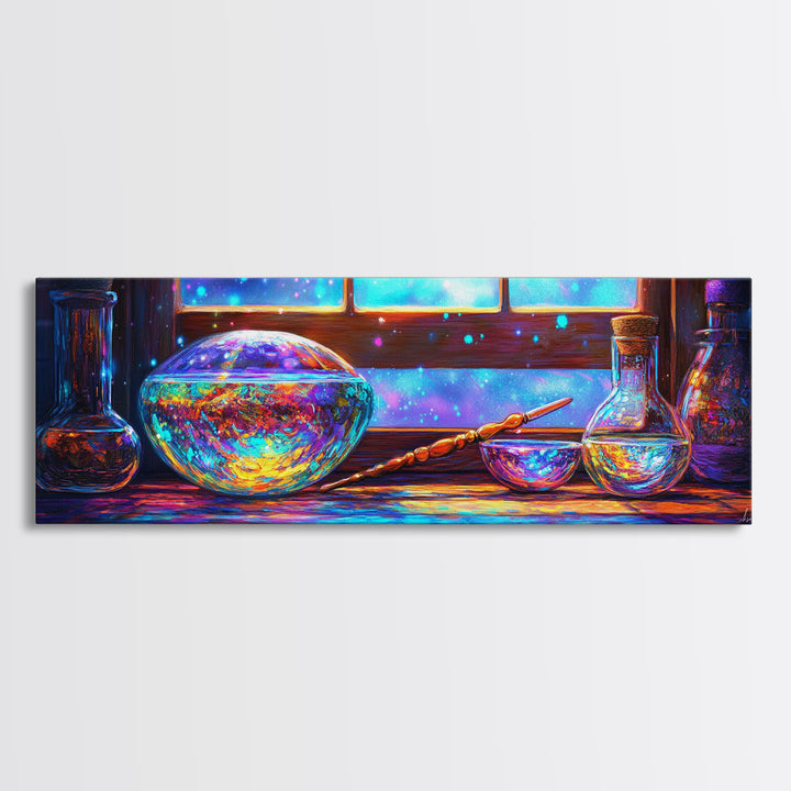 Enchanted Potion Bottles And Wand By Window, Fantasy Wall Art, Magical Canvas Print, Dark Academia Decor For Office Home Decor
