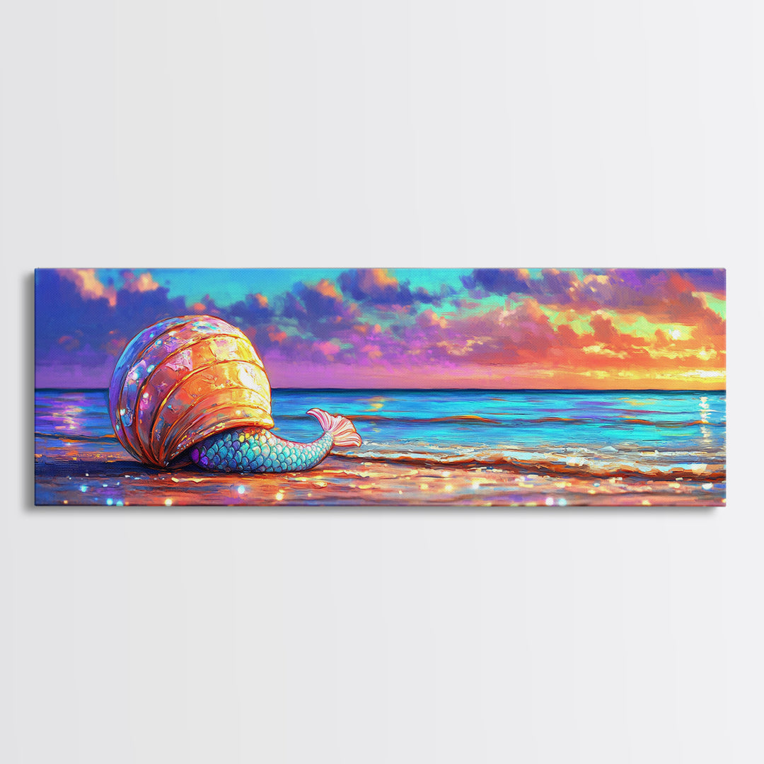Glowing Seashell Mermaid Tail Wall Art, Coastal Canvas Print, Beach House Decor, Ocean Sunset Art For Nautical Nursery Room
