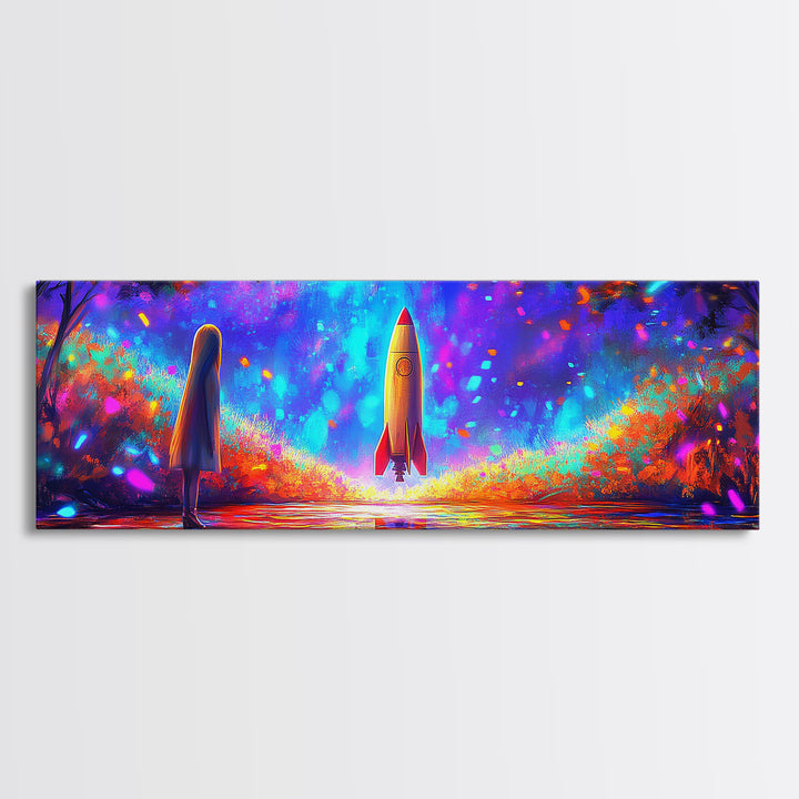 Rocket Launch Through Neon Forest Canvas Print, Futuristic Space Wall Art, Sci Fi Room Decor, Adventure Poster Gift For Him