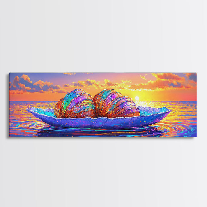 Rainbow Seashells On Ocean Leaf Canvas Print, Coastal Wall Art, Beach House Decor, Seascape Art Print, Blue Ocean Wall Decor